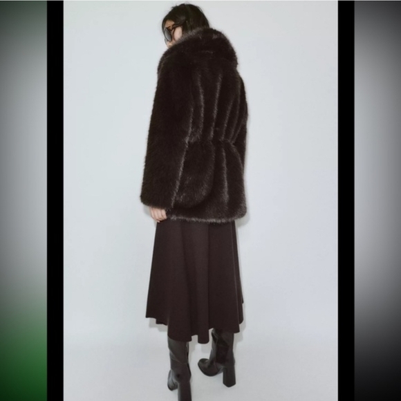 NWT Zara Faux Fur Coat With Belt in Brown - Picture 4 of 5